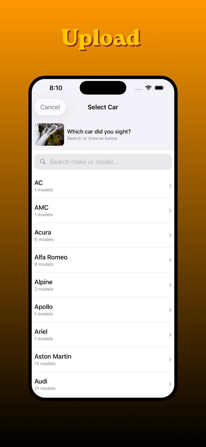 CarEnthu app — logging a car sighting